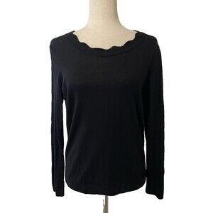 Talbots Women’s LP Petite Merino Wool Sweater Black Scalloped Neck Lightweight